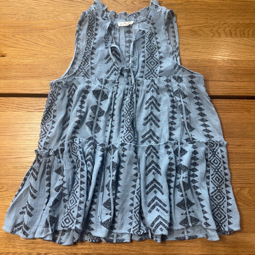 Blu Pepper Womens Blue Geometric Tribal Print Tiered Babydoll Boho Tank Top M
